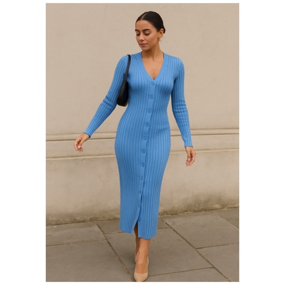 GALVAN LONDON Rhea Blue Ribbed Knit Button Front Maxi Dress Medium NWT - Picture 3 of 14